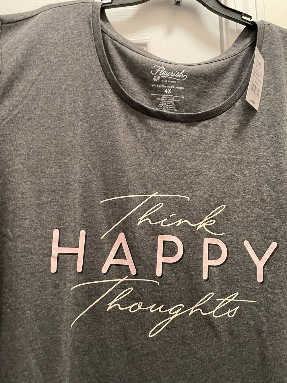 Women’s Plus 4X Think Happy Thoughts Grey Top by Fleurish, New w/Tags